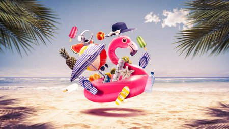 Photo for Happy inflatable flamingo going to the tropical beach surrounded by beach items, summer vacations concept - Royalty Free Image