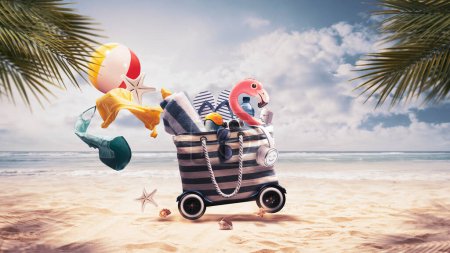Téléchargez les photos : Drôle d'accessoires gonflables de flamant rose et de plage dans un sac avec des roues allant à la plage, concept de vacances d'été - en image libre de droit
