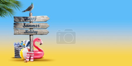 Photo for Happy Summer Holiday banner with wooden signpost and beach accessories, copy space - Royalty Free Image