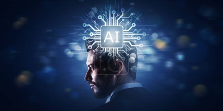 chip de IA en la cabeza del empresario corporativo: Inteligencia artificial, big data y concepto de tecnología