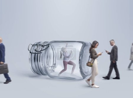 People walking and ignoring a desperate woman trapped inside a jar, she is trying to find a way out