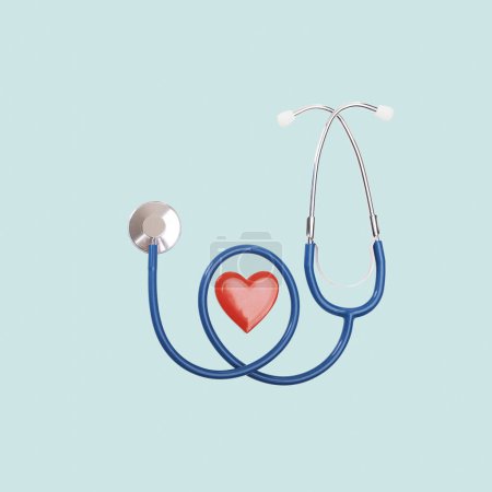 Téléchargez les photos : Stéthoscope bleu et forme cardiaque, maladies cardiovasculaires et concept de prévention - en image libre de droit