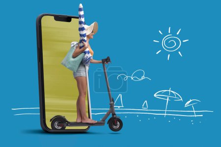 Photo for Happy tourist woman riding an electric scooter and going to the beach, she is coming out from a smartphone screen - Royalty Free Image