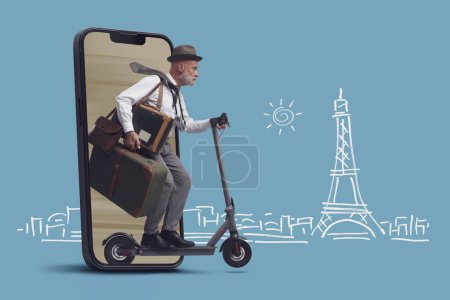 Photo for Vintage style international traveler and tourist riding an e-scooter, he is coming out from a smartphone screen, travel destination sketch in the background - Royalty Free Image