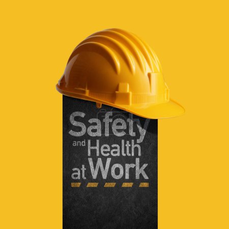 Téléchargez les photos : Casque de sécurité jaune et texte : équipement de protection individuelle, sécurité et santé au travail - en image libre de droit