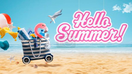Photo for Funny flamingo and beach accessories in a bag with wheels going to the beach, hello summer sign hanging - Royalty Free Image