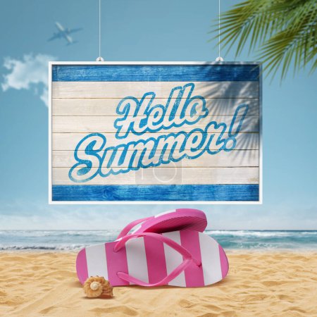 Photo for Hello Summer wooden sign on the tropical beach, summer vacations concept - Royalty Free Image