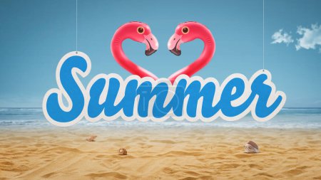 Foto de Señal de verano y dos flamencos inflables amorosos, playa en el fondo, romance y vacaciones de verano concepto - Imagen libre de derechos