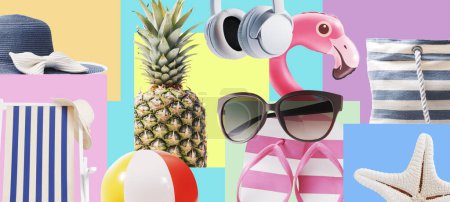 Téléchargez les photos : Collage d'accessoires de plage pastel colorés et d'articles de vacances d'été - en image libre de droit