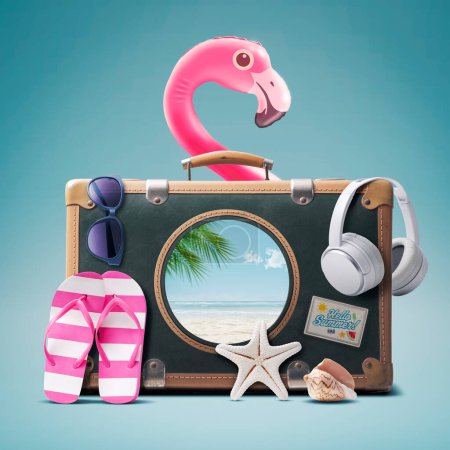 Téléchargez les photos : Valise vintage avec accessoires de plage et hublot : plage tropicale à l'intérieur, concept vacances d'été - en image libre de droit