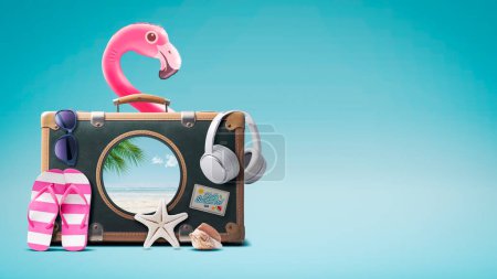Photo for Vintage suitcase with beach accessories and porthole: there is a tropical beach inside, summer vacations concept - Royalty Free Image