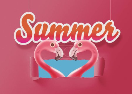 Loving inflatable flamingos looking at each other and coming out from a torn paper hole, summer sign hanging