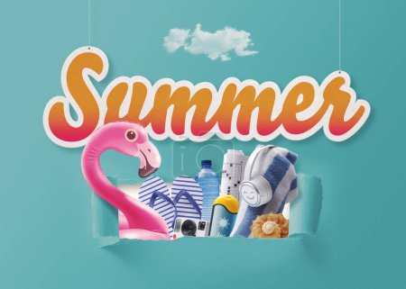 Summer accessories and inflatable flamingo coming out from a ripped paper hole, summer vacations concept