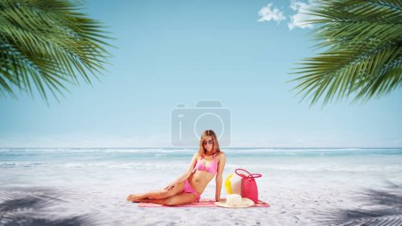 Téléchargez les photos : Jolie jeune femme couchée sur une plage tropicale et regardant la caméra, les vacances et le concept de voyage international - en image libre de droit