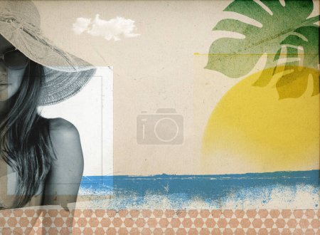 Téléchargez les photos : Summer vacations at the beach, vintage collage poster with beautiful young woman portrait - en image libre de droit