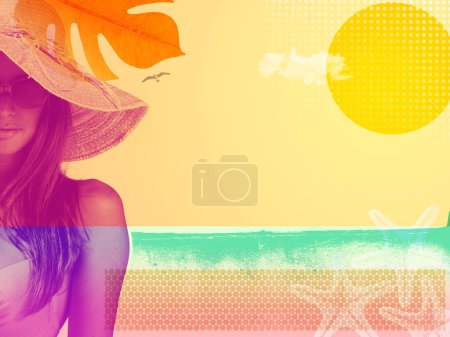 Photo for Summer vacations at the beach, collage vintage poster with beautiful young woman - Royalty Free Image