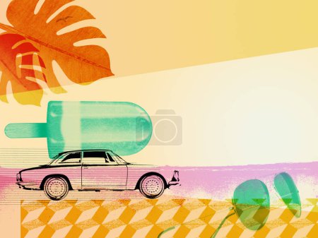 Foto de Vacaciones de verano collage de estilo retro con coche vintage, playa y paleta - Imagen libre de derechos