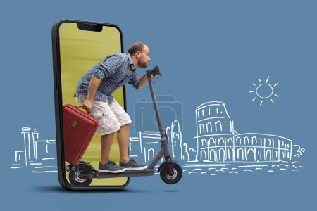 Tourist carrying a trolley bag and riding a fast electric scooter, he is coming out from a smartphone screen, sketched travel destination in the background