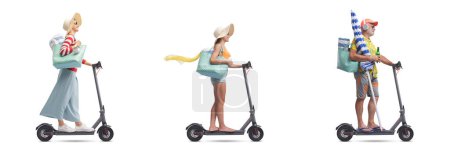 Téléchargez les photos : Touristes chevauchant un scooter électrique : femme à la mode, fille et homme âgé avec parasol, ensemble de personnages isolés sur fond blanc - en image libre de droit