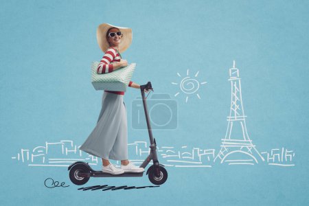 Happy tourist woman riding an eco-friendly electric scooter, sketched travel destination in the background