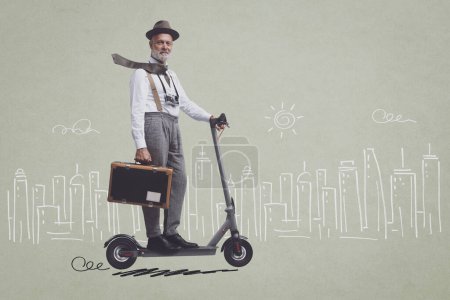 Vintage style traveler and photographer riding an electric scooter, city skyline sketch in the background