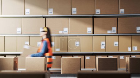 Photo for Female employee working in the warehouse, conveyor belt with boxes in the foreground, logistics and warehousing concept - Royalty Free Image