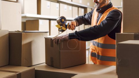 Ouvrier d'entrepôt scellant une boîte en carton avec du ruban adhésif, de la logistique et un concept d'expédition