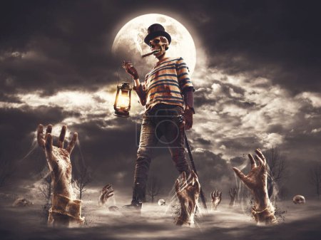 Creepy skeleton monster with top hat surrounded by zombie hands rising, full moon in the background: horror and Halloween concept