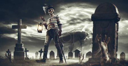 Foto de Monstruo espeluznante caminando en el cementerio y zombies levantándose de sus tumbas - Imagen libre de derechos