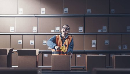 Photo for Overworked employee working at the warehouse, she is exhausted and gone crazy - Royalty Free Image