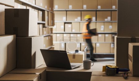 Warehouse interior and worker: logistics, commerce and delivery concept