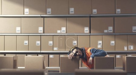Photo for Exhausted female warehouse worker sleeping at work, work burnout concept - Royalty Free Image