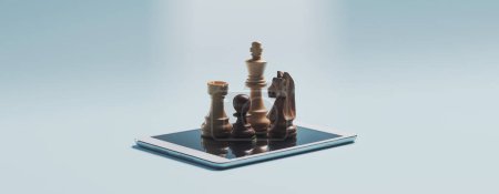 Téléchargez les photos : Pièces d'échecs sur une tablette numérique : concept de jeu vidéo d'échecs en ligne - en image libre de droit