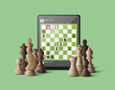 Téléchargez les photos : Tablette numérique avec pièces d'échecs, concept de jeu en ligne. Idée de prise de décision - en image libre de droit