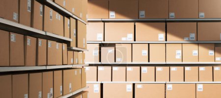 Photo for Distribution warehouse interior with many delivery boxes on shelves - Royalty Free Image