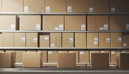 Foto de Muchas cajas en la cinta transportadora en el almacén y bastidores de almacenamiento - Imagen libre de derechos