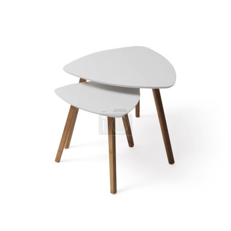 Conjunto de pequeñas mesas decorativas aisladas sobre fondo blanco, concepto de interiorismo