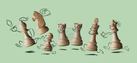 Téléchargez les photos : Funny pièces d'échecs de dessin animé fonctionnant ensemble, jeux et concept d'humour - en image libre de droit