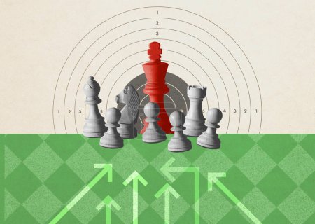 Schachfiguren schützen König und Ziel im Hintergrund, Poster im Vintage-Stil