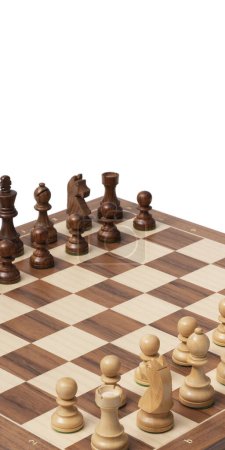 Photo for Wooden chessboard with chess pieces ready for the game isolated on white background - Royalty Free Image