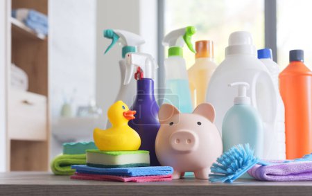 Assorted detergents, cleaning products and piggy bank in the bathroom: affordable cleaning supplies concept