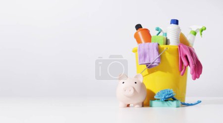 Assorted low-cost detergents, cleaning supplies and piggy bank, banner with copy space