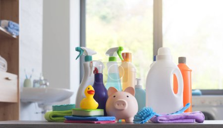 Assorted detergents, cleaning products and piggy bank in the bathroom: affordable cleaning supplies concept