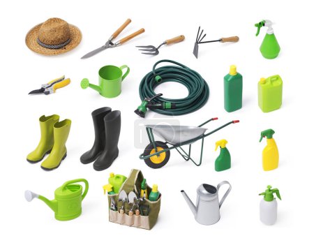 Photo for Collections of gardening tools and products, isolated on white background - Royalty Free Image