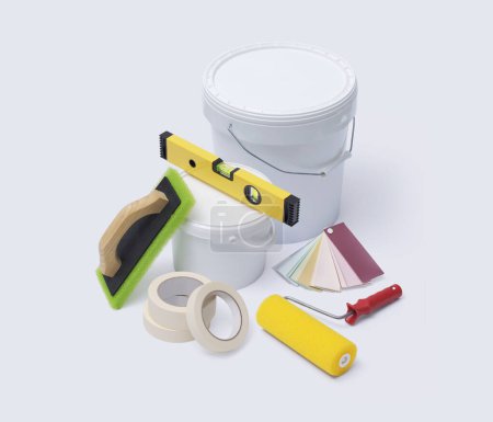 Foto de Conjunto de herramientas profesionales de pintura y cubos de pintura, aislados sobre fondo blanco - Imagen libre de derechos