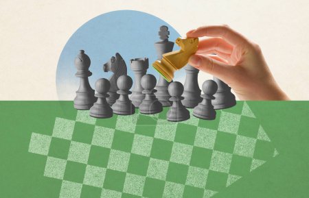 Photo for Player's hand moving a piece on the chessboard, vintage style poster, games and strategy concept - Royalty Free Image