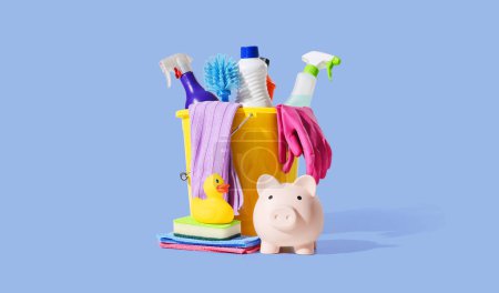 Assorted low-cost detergents, cleaning supplies and piggy bank, banner with copy space