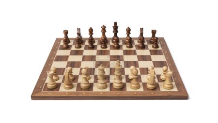 Photo for Wooden chessboard with chess pieces ready for the game isolated on white background - Royalty Free Image