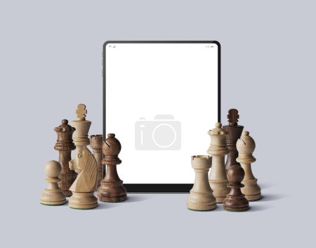 Digital tablet with chess pieces Management or strategy concept. Decision making idea