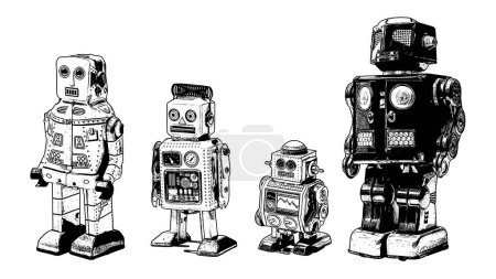 Set of vintage tin toy robots standing, black and white illustration